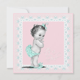 Teal Blue and Pink Vintage Baby Girl Shower Invitation