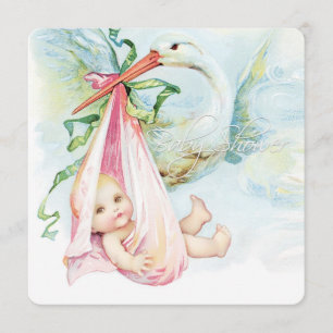 Teal Blue and Pink Vintage Stork Baby Shower Invitation