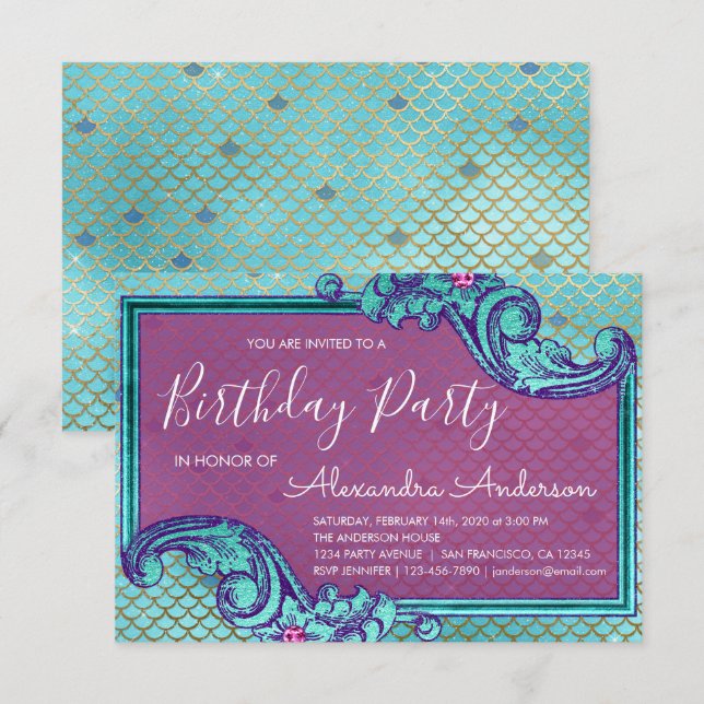 Teal Blue and Purple Mermaid Scales Birthday Party Invitation (Front/Back)