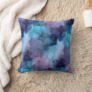 Teal Blue and Purple Watercolor Fluid Marble Throw Pillow