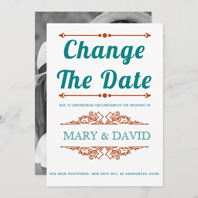 Teal blue and rust Change the Date announcement (Front/Back)