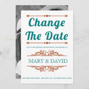 Teal blue and rust Change the Date announcement