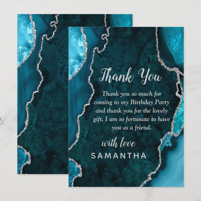 Teal Blue and Silver Agate Birthday Party Thank You Card (Front/Back)