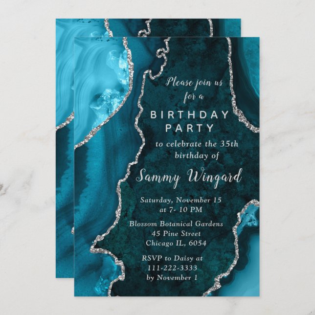Teal Blue and Silver Agate Marble Birthday Party Invitation (Front/Back)