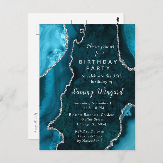 Teal Blue and Silver Agate Marble Birthday Party Postcard (Front/Back)