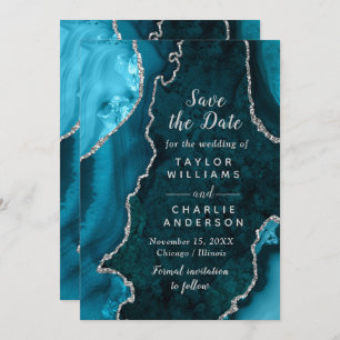 Teal Blue and Silver Agate Marble Save The Date Invitation