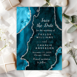 Teal Blue and Silver Agate Marble Save The Date Invitation