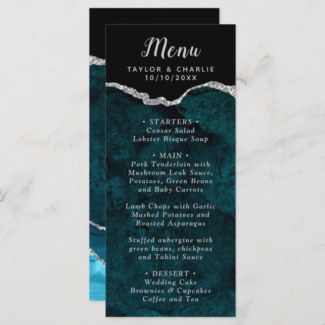 Teal Blue and Silver Agate Marble Wedding Menu (Front/Back)