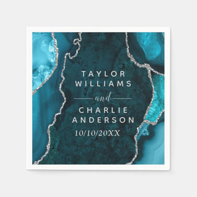 Teal Blue and Silver Agate Marble Wedding Napkin (Front)