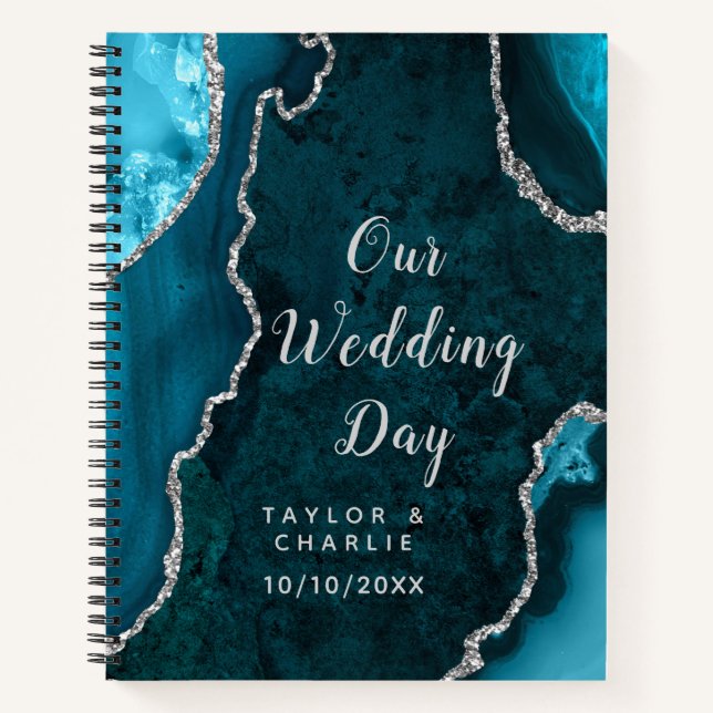 Teal Blue and Silver Agate Marble Wedding Notebook (Front)