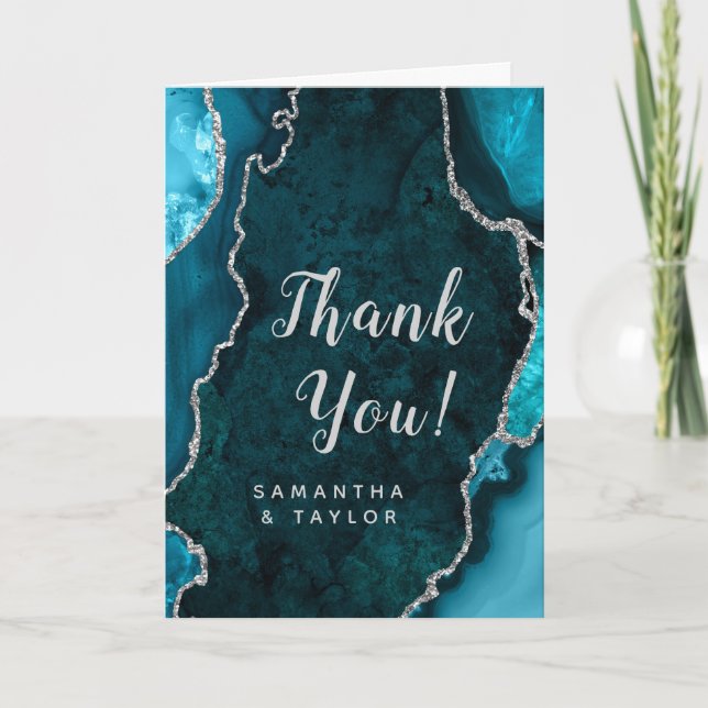 Teal Blue and Silver Agate Marble Wedding Thank You Card (Front)