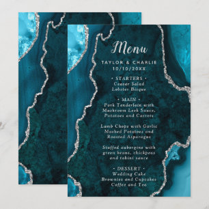 Teal Blue and Silver Agate Wedding Menu