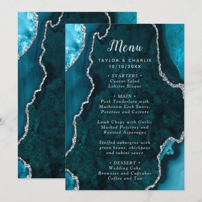 Teal Blue and Silver Agate Wedding Menu (Front/Back)