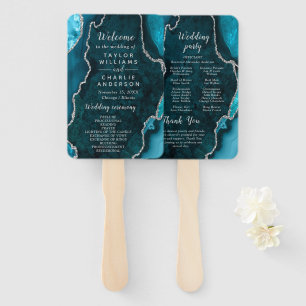 Teal Blue and Silver Agate Wedding Program Hand Fan