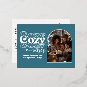 Teal Blue and Silver Cozy Vibes Retro Christmas Foil Holiday Postcard