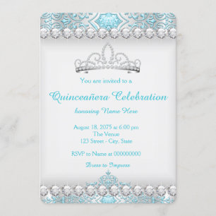 Teal Blue and Silver Diamond Princess Quinceanera Invitation