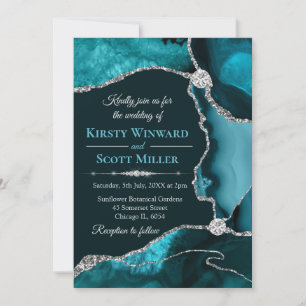Teal Blue and Silver Glitter Agate Wedding Invitation