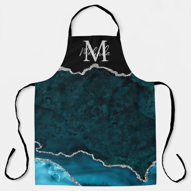 Teal Blue and Silver Marble Agate Apron (Front)