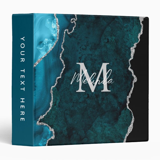 Teal Blue and Silver Marble Agate Binder (Front/Spine)