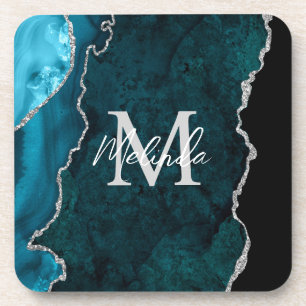 Teal Blue and Silver Marble Agate Coaster