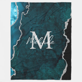 Teal Blue and Silver Marble Agate Fleece Blanket