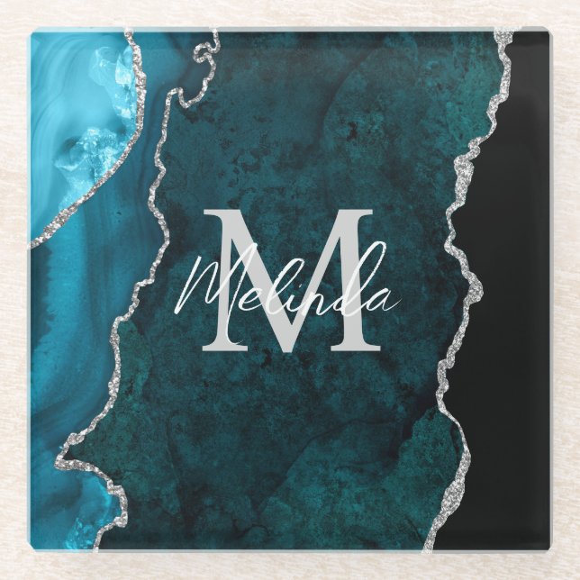 Teal Blue and Silver Marble Agate Glass Coaster (Front)