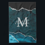 Teal Blue and Silver Marble Agate Kitchen Towel<br><div class="desc">This kitchen towel features an elegant and glamourous agate marble background with geode gemstone detailing and faux silver glitter accents. The monogram combines handwritten script and modern sans serif fonts for a classy and sophisticated look. This will make the ideal gift as it can be customized with a name and...</div>