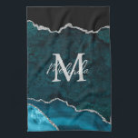 Teal Blue and Silver Marble Agate Kitchen Towel<br><div class="desc">This kitchen towel features an elegant and glamourous agate marble background with geode gemstone detailing and faux silver glitter accents. The monogram combines handwritten script and modern sans serif fonts for a classy and sophisticated look. This will make the ideal gift as it can be customized with a name and...</div>