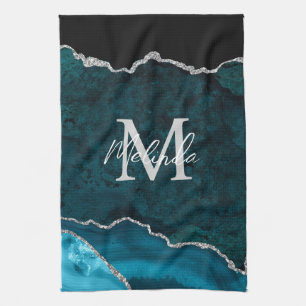 Teal Blue and Silver Marble Agate Kitchen Towel