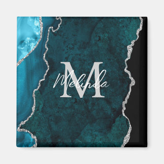 Teal Blue and Silver Marble Agate Magnet