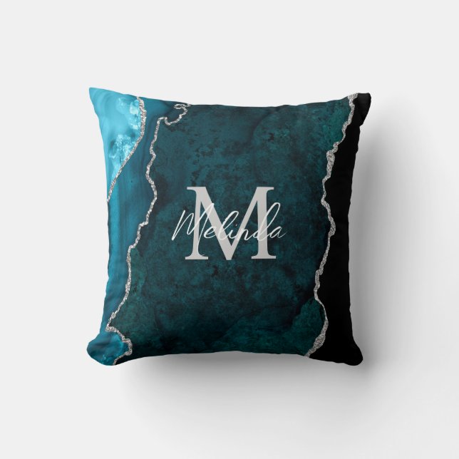Teal Blue and Silver Marble Agate Throw Pillow (Front)