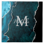Teal Blue and Silver Marble Agate Tile<br><div class="desc">This tile features an elegant and glamourous agate marble background with geode gemstone detailing and faux silver glitter accents. The monogram combines handwritten script and modern sans serif fonts for a classy and sophisticated look. This will make the ideal gift as it can be customized with a name and initial....</div>