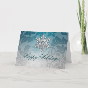 Teal Blue and Silver Shimmer Damask Holiday Card