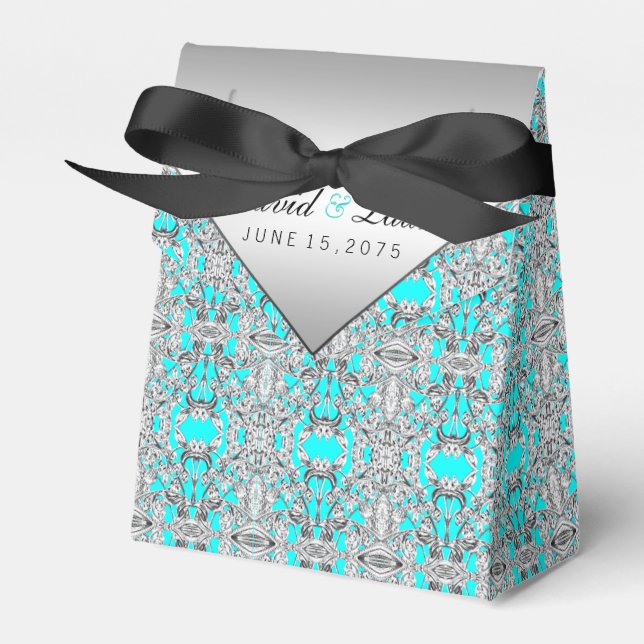 Teal Blue and Silver Wedding Favor Box (Front Side)