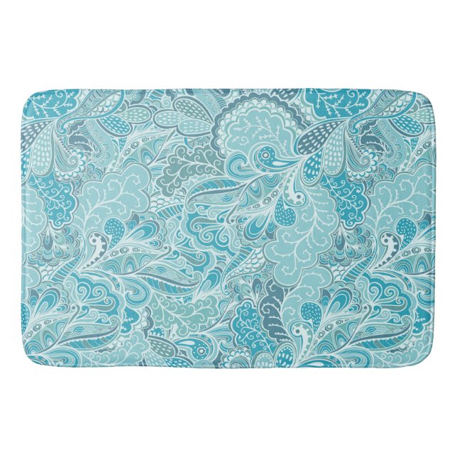 Teal Blue and White Abstract Paisley Print Bath Mat (Front)