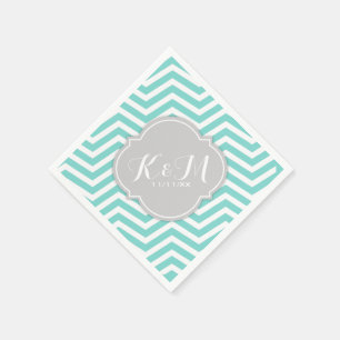 Teal Blue and White Chevron with Monogram Napkin