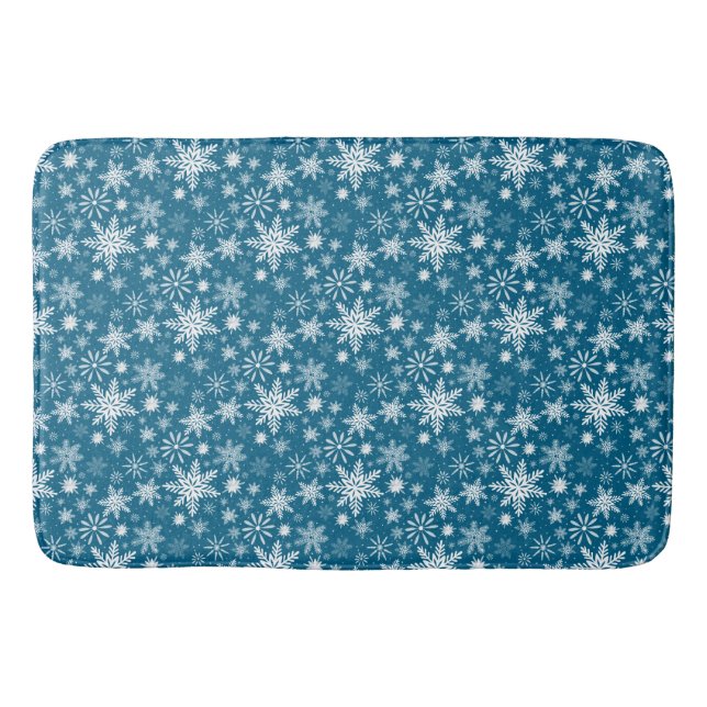 Teal Blue and White Christmas Snowflake Bath Mat (Front)