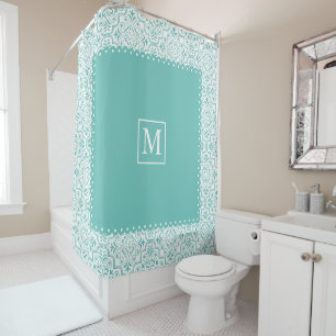 Teal blue and white damask pattern and monogram