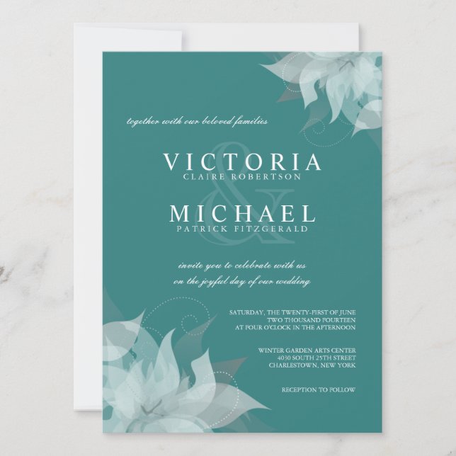 Teal Blue and White Floral Wedding Invitations (Front)