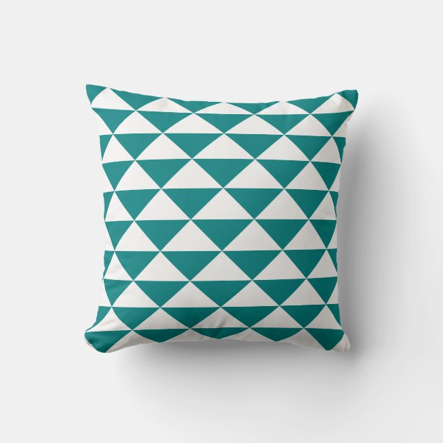Teal Blue and White Geometric Triangular Pattern Throw Pillow (Front)