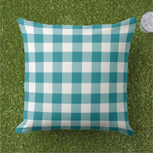 Teal Blue and White Gingham Plaid Pattern Outdoor Pillow