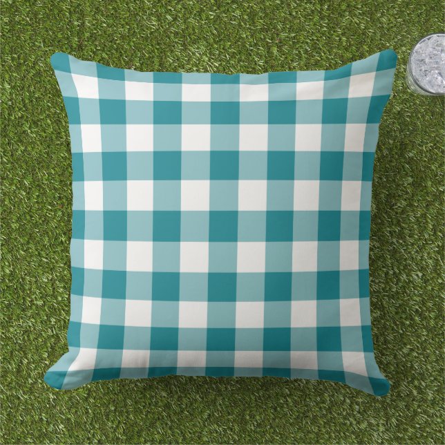 Teal Blue and White Gingham Plaid Pattern Outdoor Pillow (Grass)