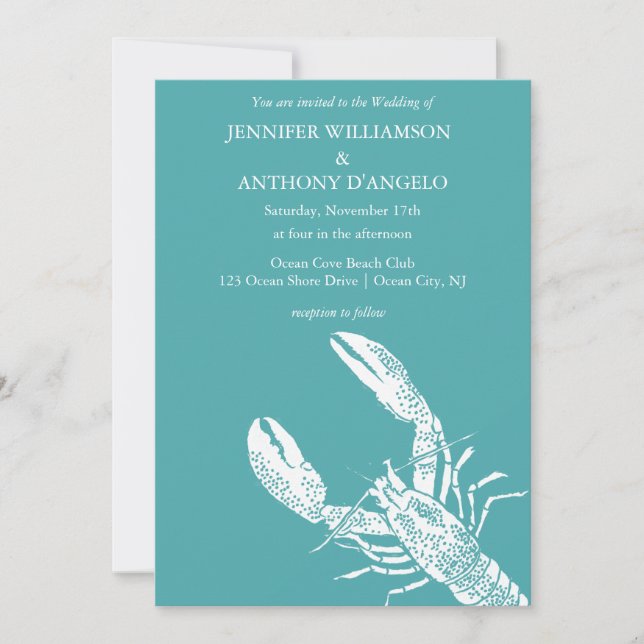 Teal Blue and White Lobster Coastal Wedding Invitation (Front)