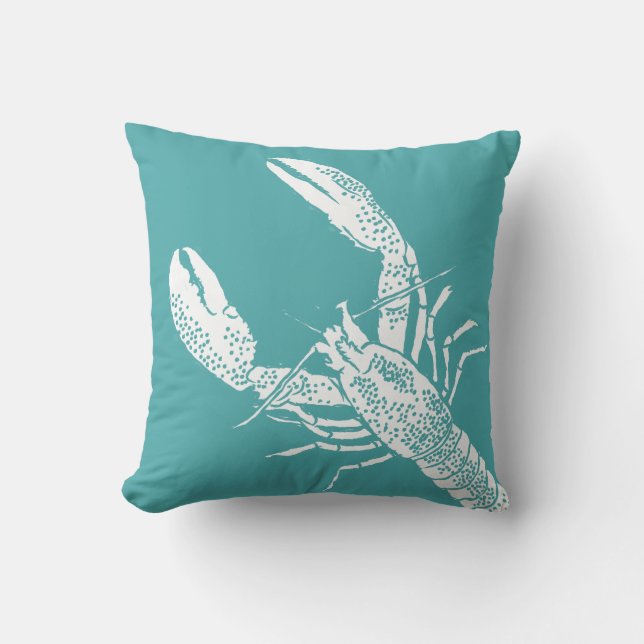 Teal Blue and White Lobster Illustration Throw Pillow (Front)