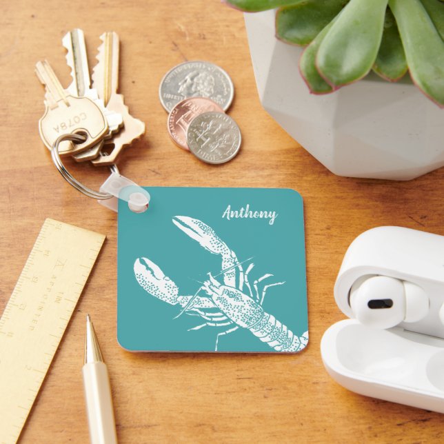 Teal Blue and White Lobster Personalized Keychain (Desk)