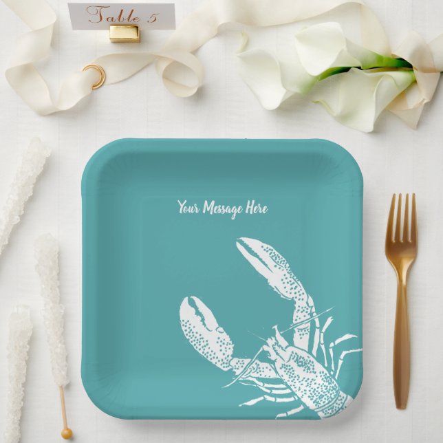 Teal Blue and White Lobster Personalized Paper Plate (Wedding)