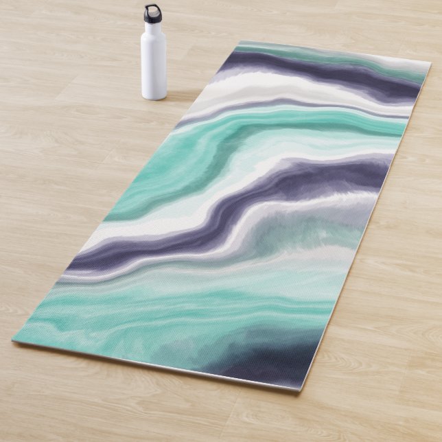 Teal, Blue and White Marble Fluid Art Yoga Mat (In Situ)