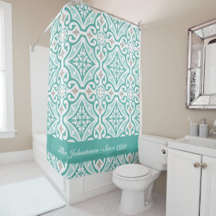 Teal Blue and White Moroccan Trellis Tile Print