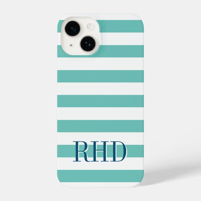 Teal blue and white nautical stripes custom name iPhone case (Back)