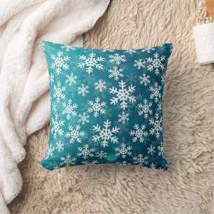 Teal Blue and White Snowflakes Throw Pillow